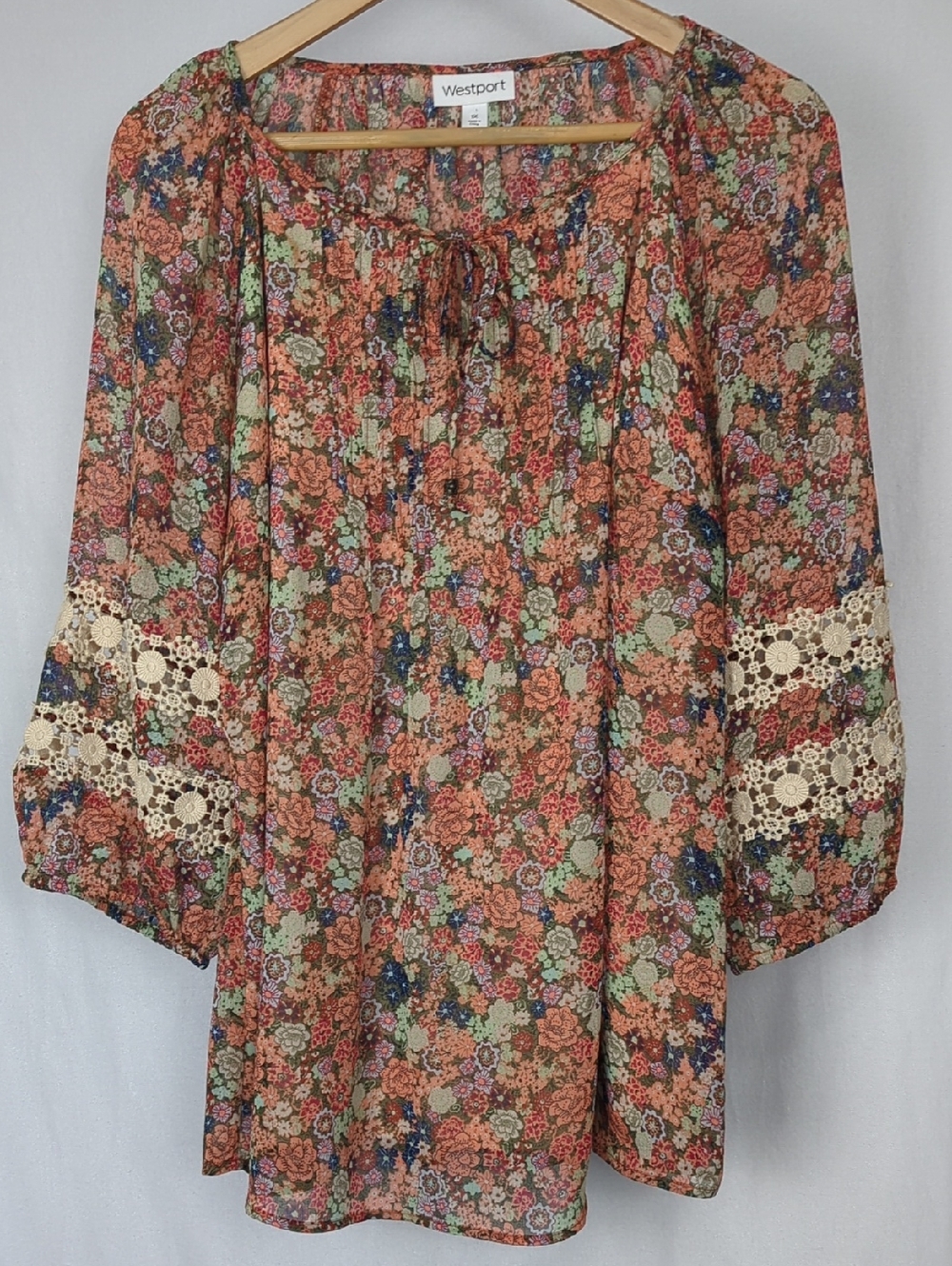 WESTPORT Women's Boho Floral Peasant Blouse With Crochet Lace Accents